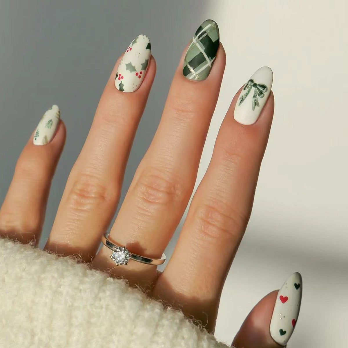 Winter Wonderland Almond Press On Long Nail Set 10 Long Green and White Festive Designs