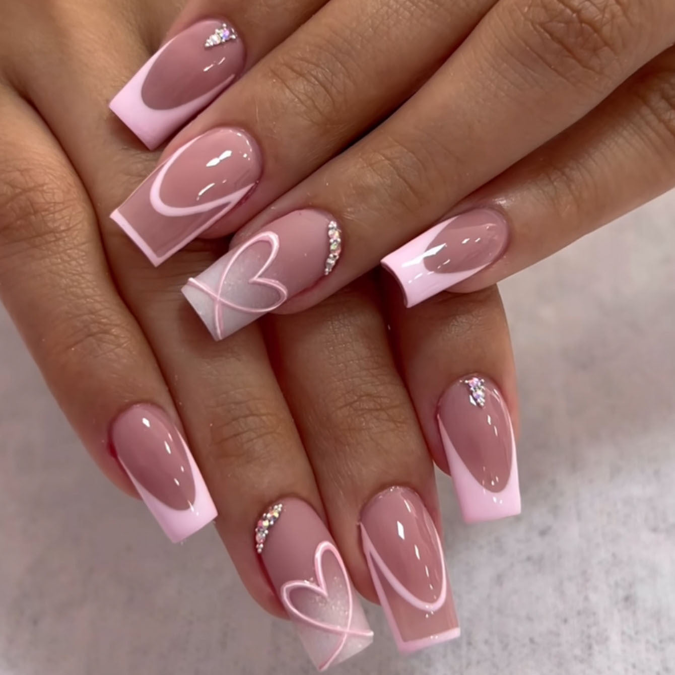 Romantic Heart Design Long Square Pink Press On Nail Set with Glitter Accent and Unique Love Theme