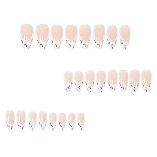 Whimsical Garden Short Almond Pink Floral Design Press On Nail Set