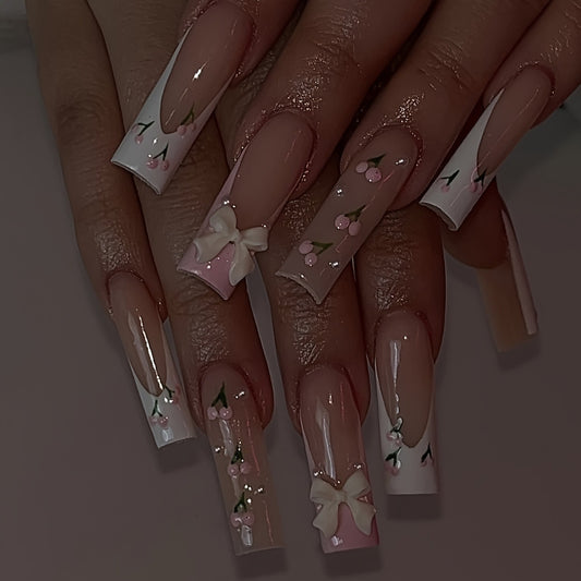 Blossom Dreams Extra Long Square Pink and White Floral Press-On Nail Set with Charming Bow Accents