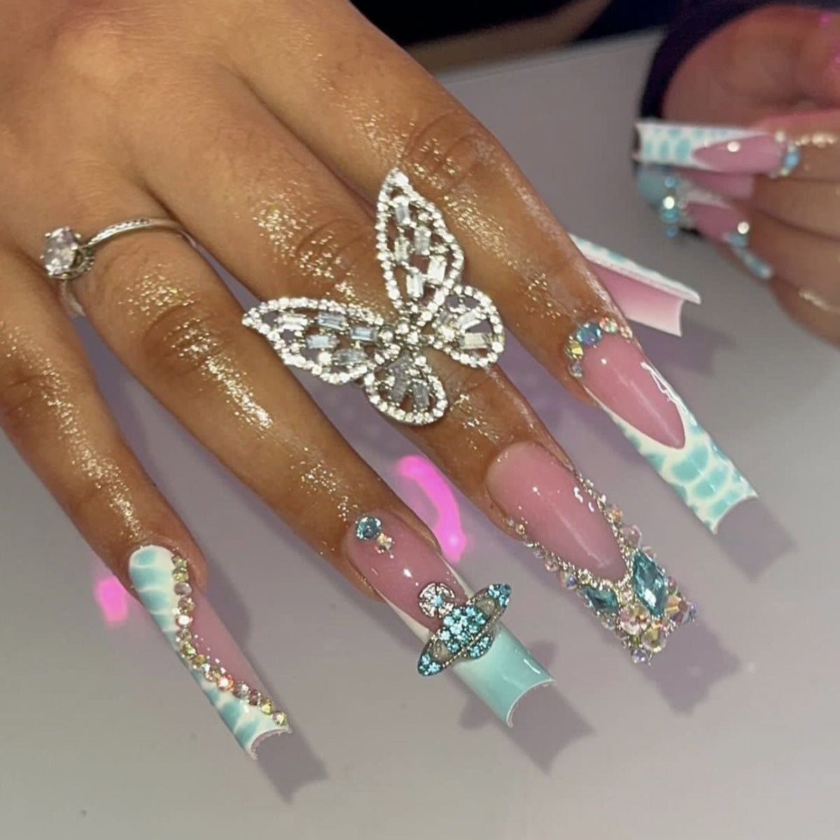 Glamorous Ocean Breeze Extra Long Square Pink and Aqua Press On Nail Set with Stunning Gemstone Accents