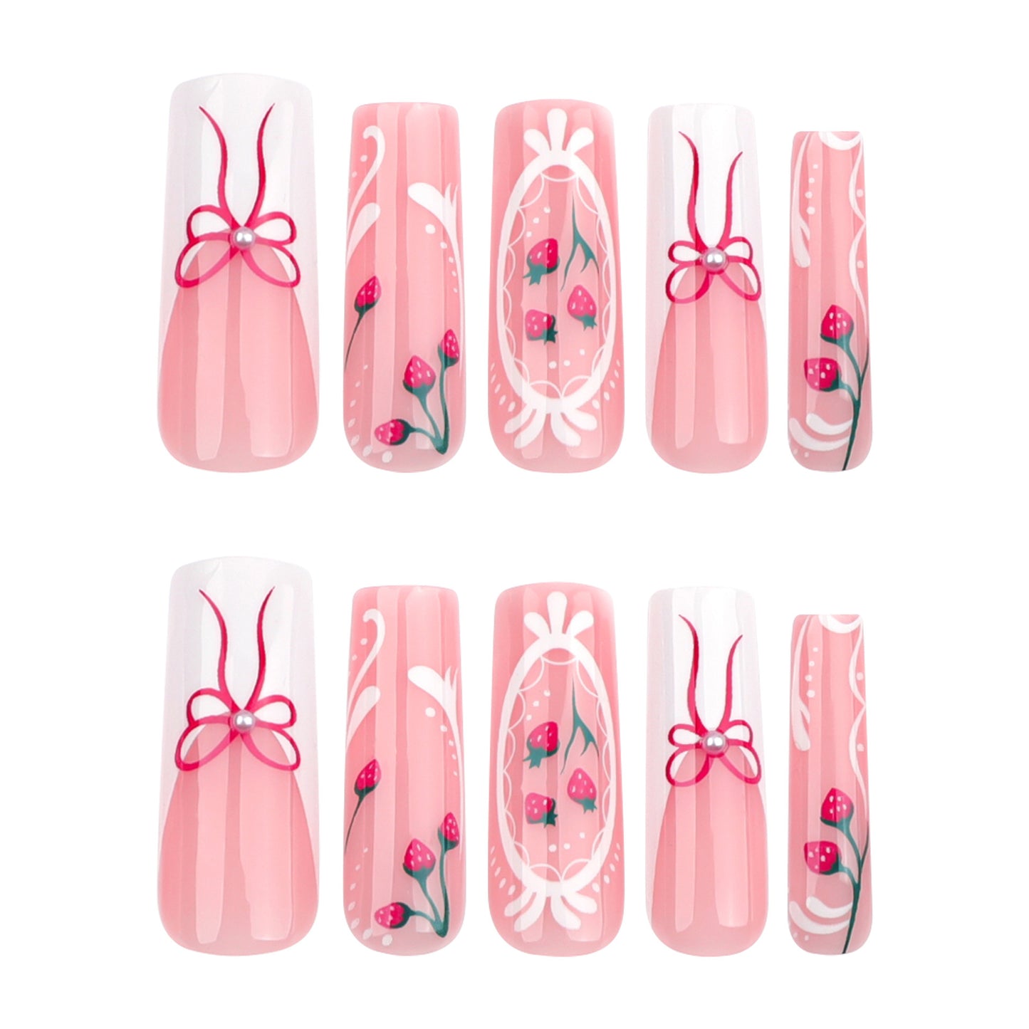 Charming Floral Fantasy Long Square Pink Press On Nail Set with Delicate Bow and Berry Designs