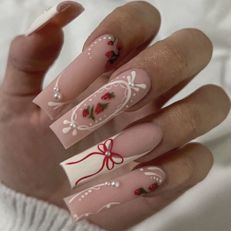 Festive Floral Long Square Pink Press On Nail Set with Rose and Pearl Accents