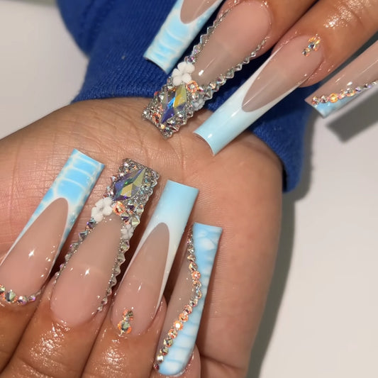 Ocean Breeze Long Square Blue Press On Nail Set with Rhinestone Accents