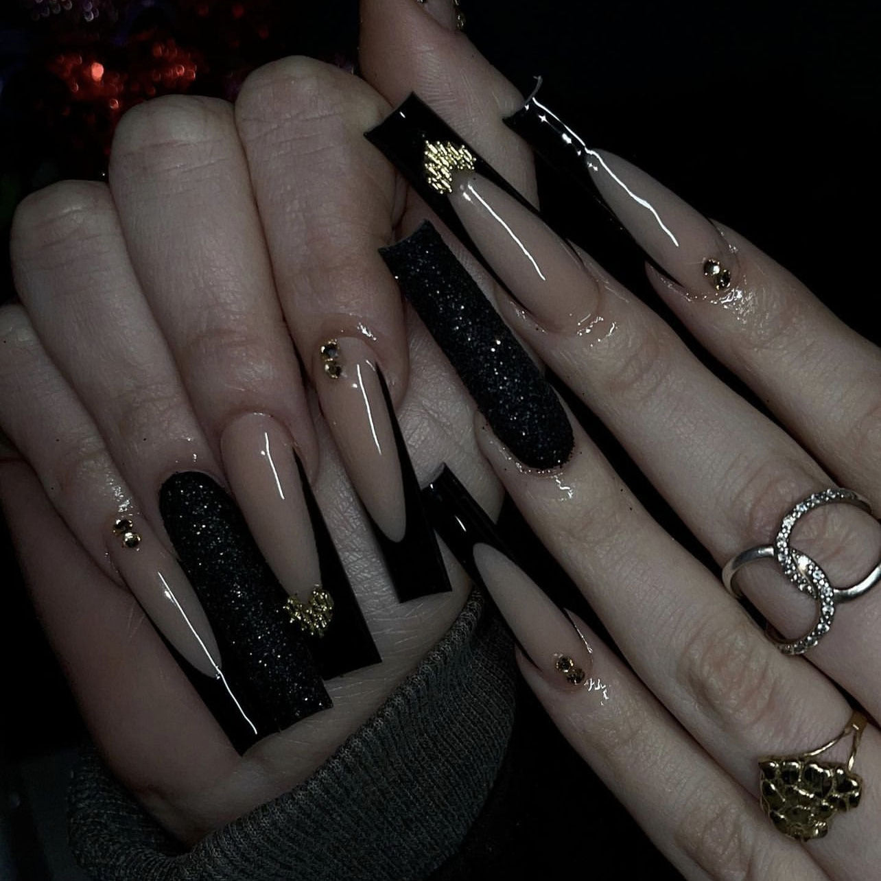 Gothic Elegance Extra Long Square Shaped Black and Beige Press On Nail Set with Glitter Accents and Gold Studs