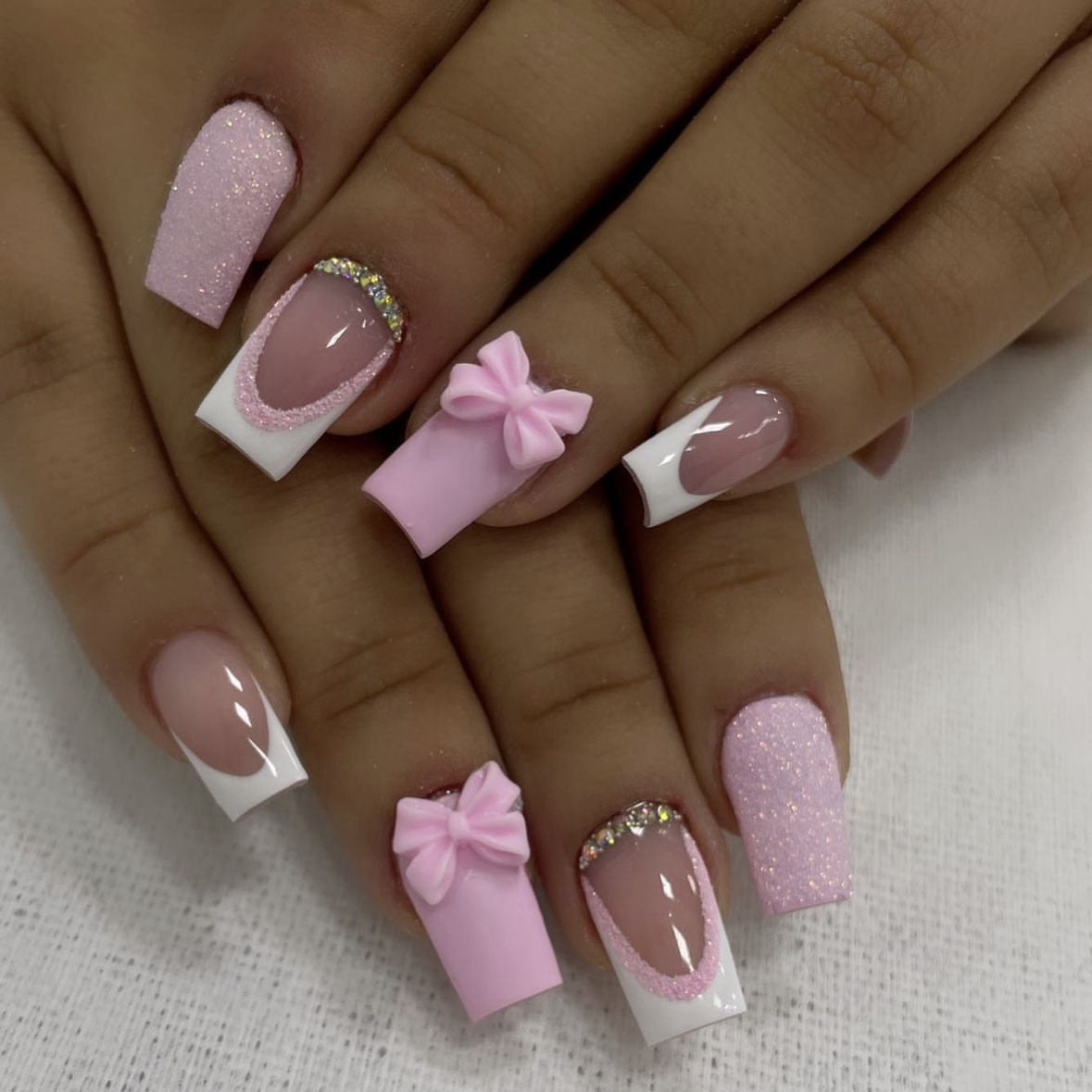 Charming Fairy Tale Long Square Pink Press On Nail Set with Glitter and Bow Accents