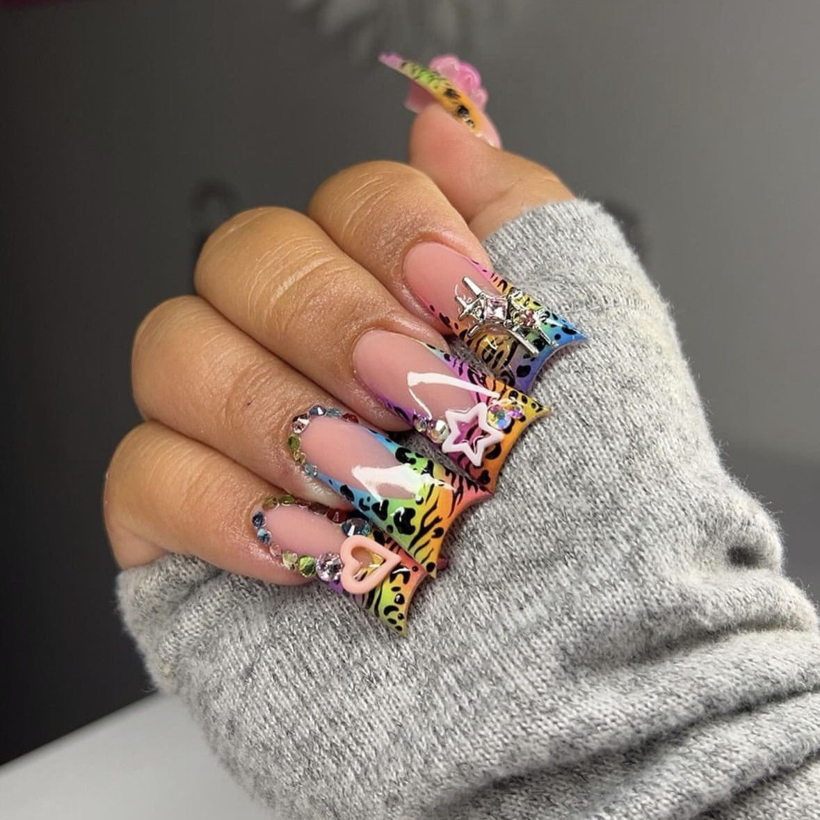 Vibrant Festival Long Duck Rainbow Press On Nail Set with Glitter and Charm Accents