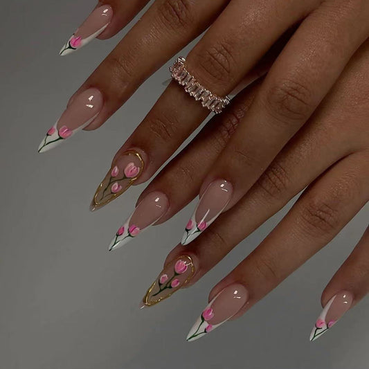 Floral Elegance Stiletto Press On Long Nail Set Clear Pink with Hand-Painted Flowers and Gold Accents