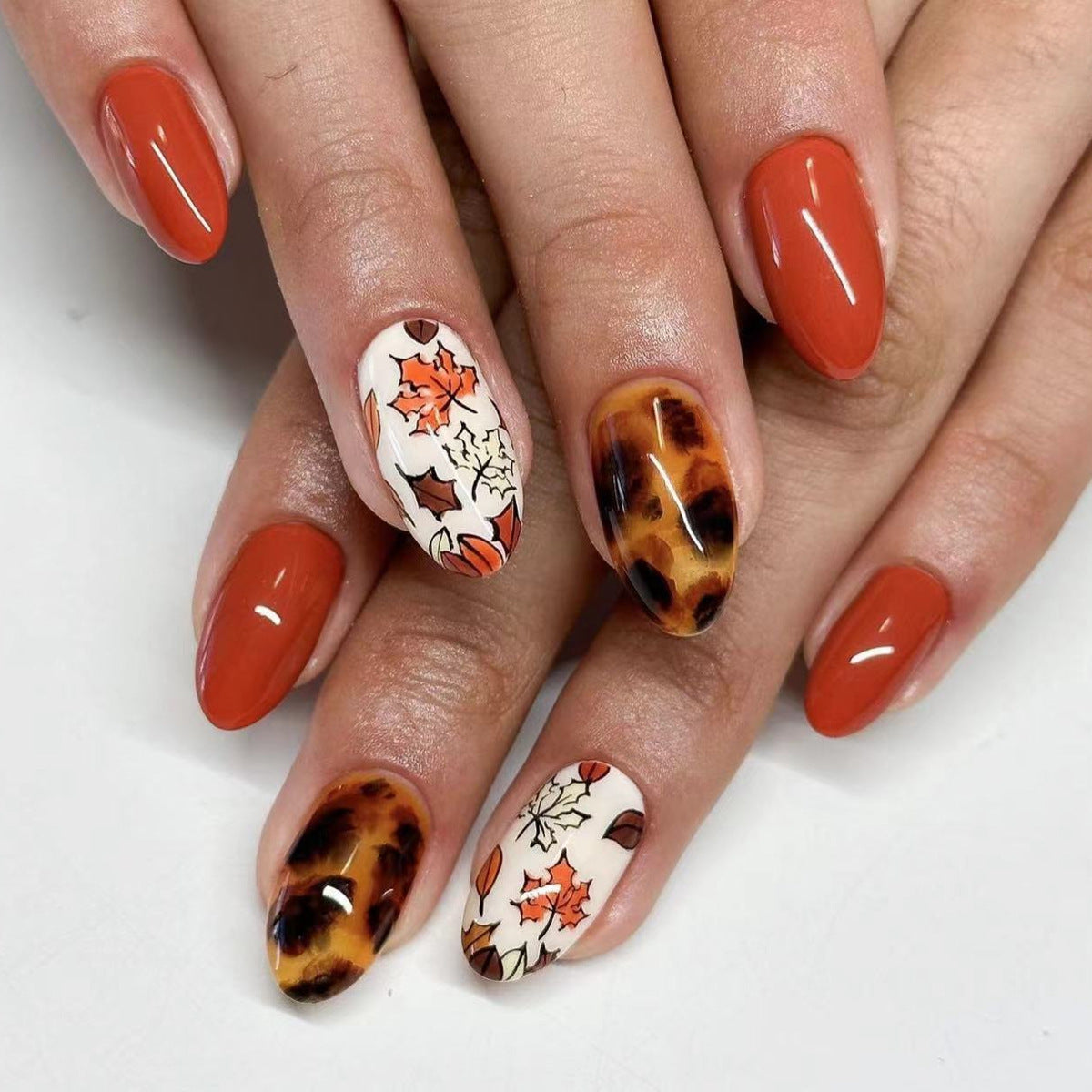 Autumn Elegance 12 Long Almond Rust Orange and Cream Leaf Design Press On Nail Set