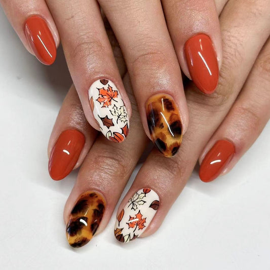 Autumn Elegance 12 Long Almond Rust Orange and Cream Leaf Design Press On Nail Set