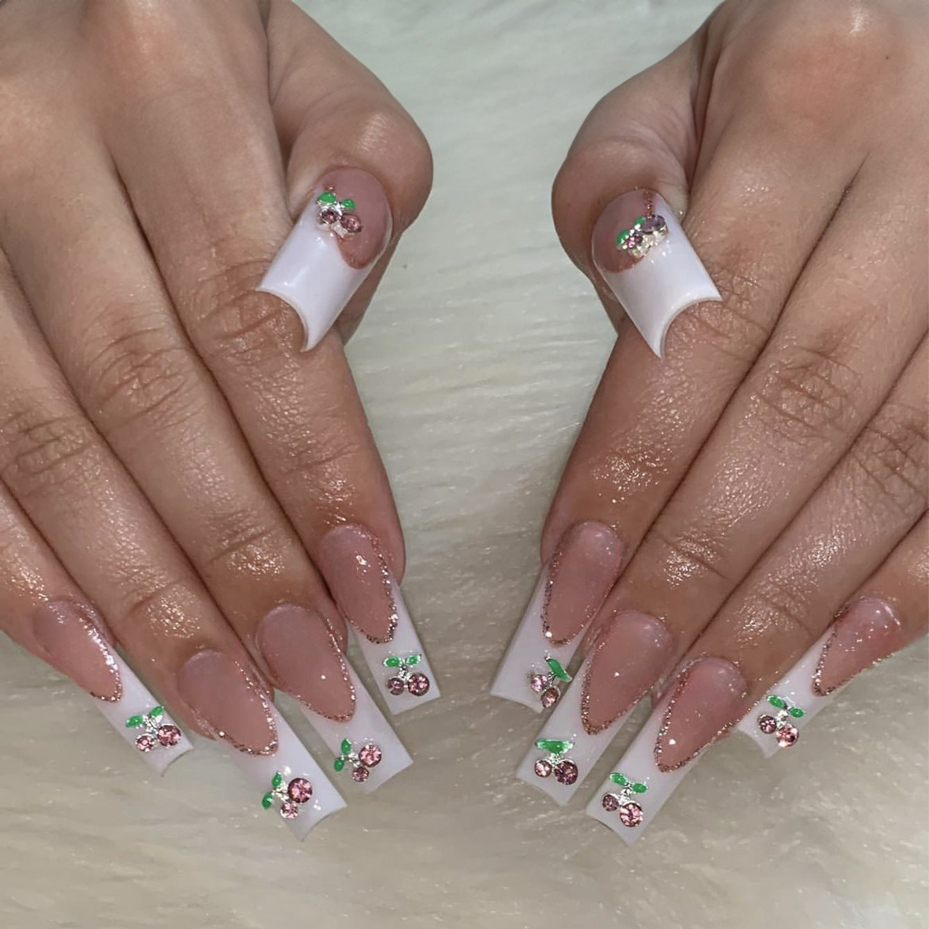 Cherry Blossom Elegance Extra Long Square White Press On Nails with Floral Rhinestone Accents