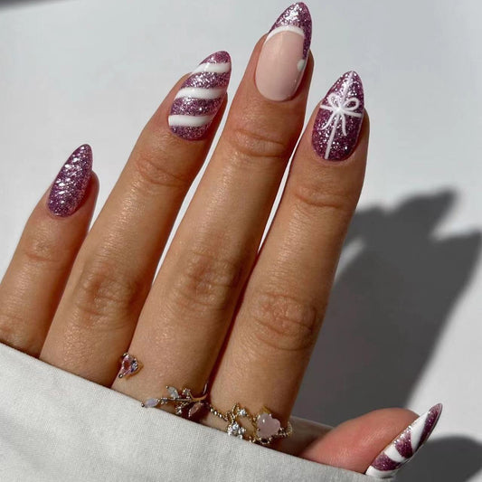 Glimmering Dream Pack Long Purple Almond Press On Nails with Sparkle and Cute Bow Design