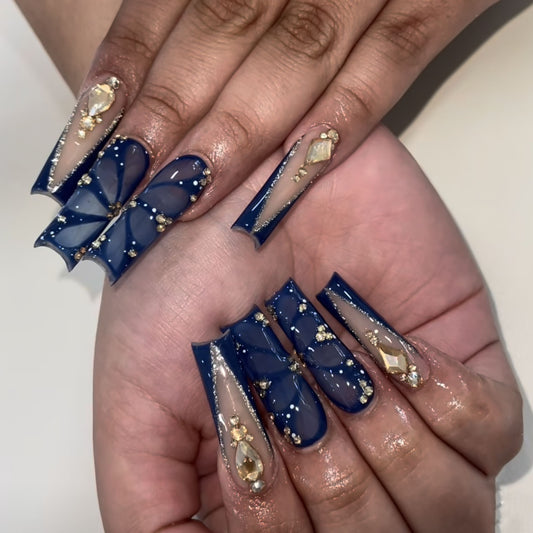 Nautical Elegance Long Square Shaped Dark Blue Press On Nail Set with Unique Floral Design and Gemstone Accents