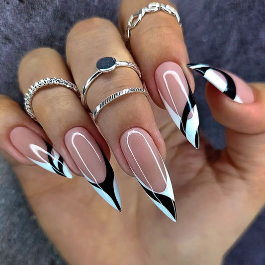 Modern Sophistication Long Stiletto Press On Nail Set in Beige Black and White with Striking Abstract Design