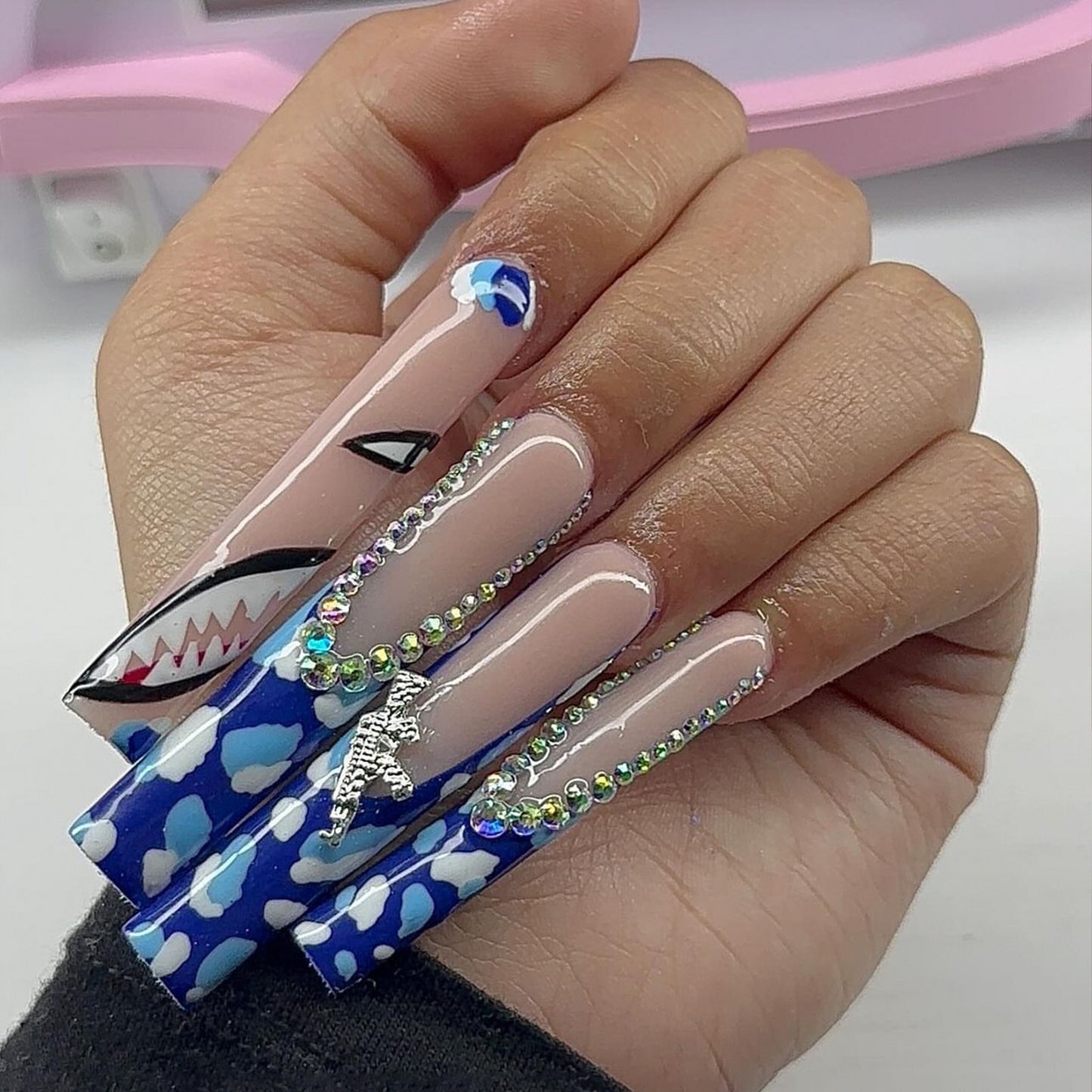 Shark-Inspired Long Square Press On Nail Set in Blue and White with Rhinestone Accents