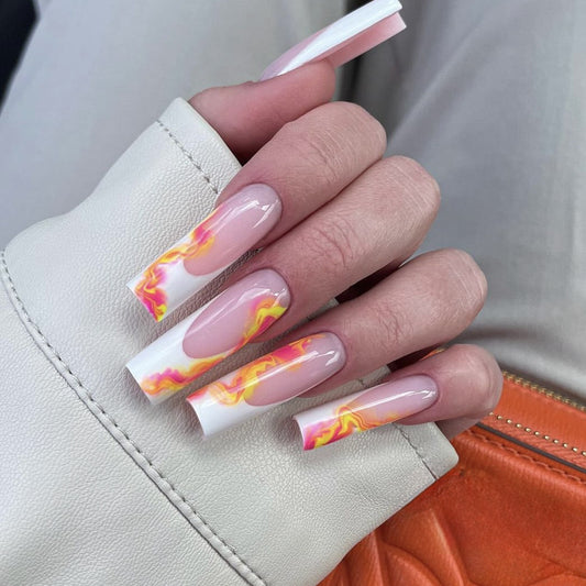 Flame Kissed Long Square Press On Nail Set with Pink and Orange Marbled Design