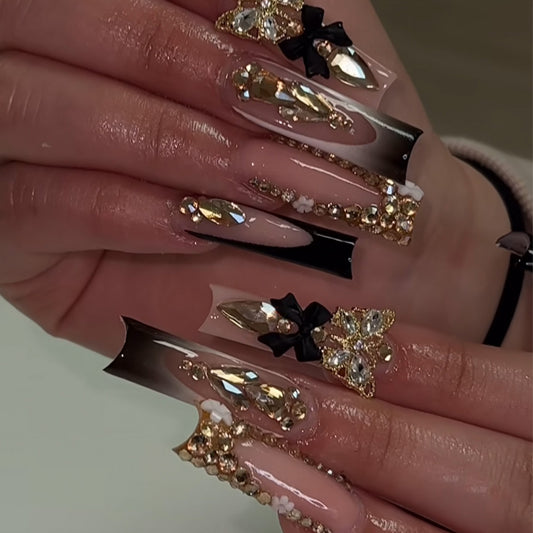 Glamorous Butterfly Blossom Long Square Press On Nail Set Black and Gold with Rhinestones and Bows