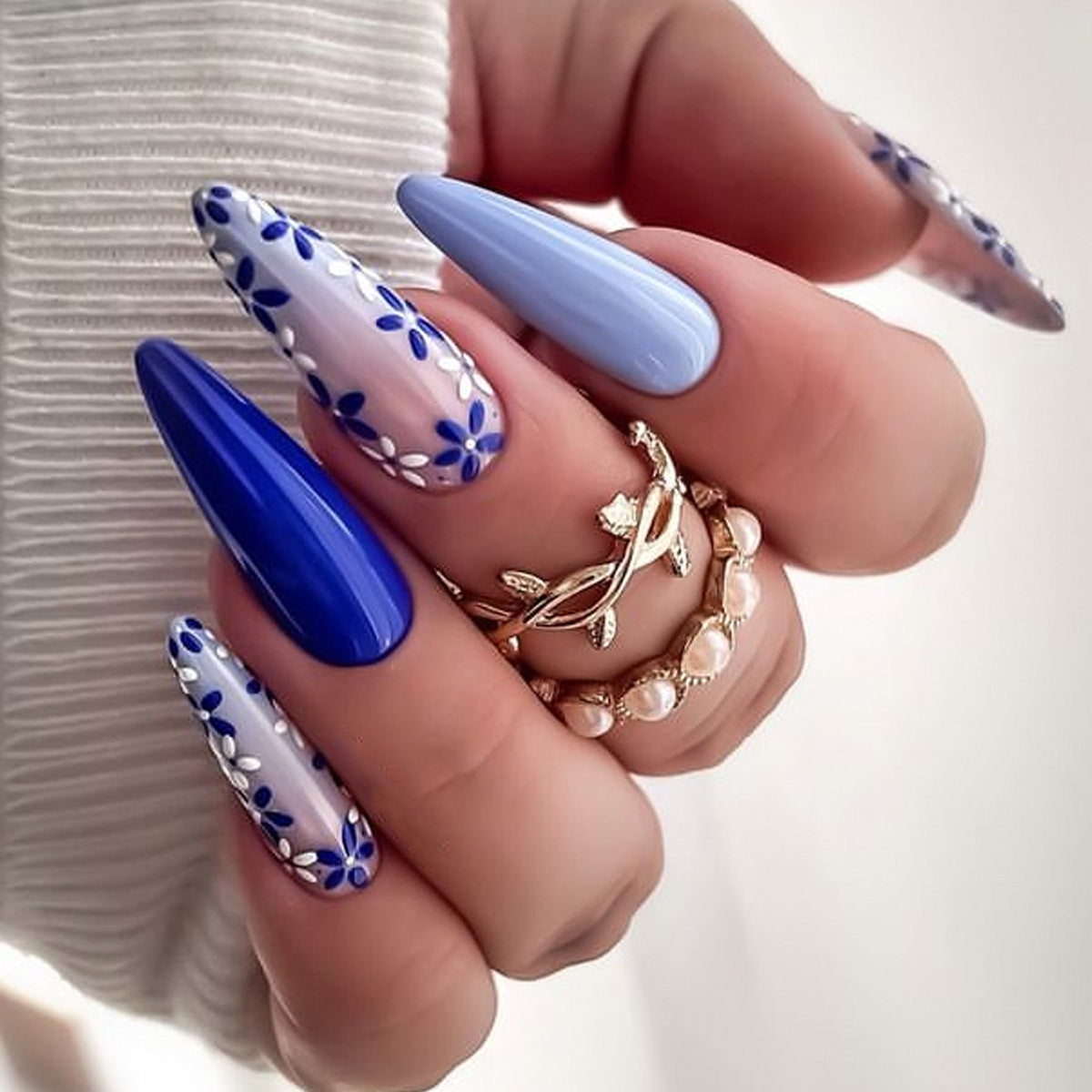 Charming Floral Ocean Dream Long Almond Blue Gradient Press On Nail Set with Delicate Flower Accents