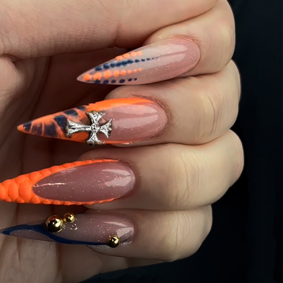 Gothic Vibes Long Stiletto Orange and Blue Press On Nail Set with Cross Design and Glitter Accents