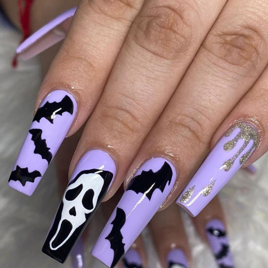 Spooky Vibes Long Coffin Lavender Press On Nail Set with Bat and Ghost Designs