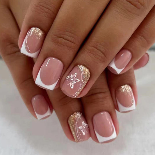 Butterfly Bliss Square Short Beige Press On Nail Set with White Tips and Gold Glitter Accent