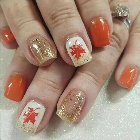 Autumn Elegance Medium Square Orange and Gold Glitter Press On Nail Set with Autumn Leaf Design