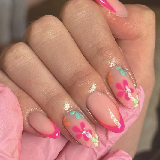 Floral Paradise Long Almond Pink Gradient Press On Nail Set with Colorful Flower Accents