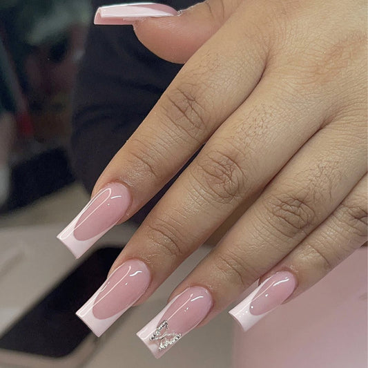 Chic Elegance Long Square Pink Glossy Press On Nail Set with Butterfly Accent