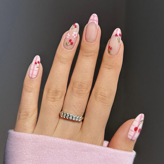 Cherry Blossom Garden Long Almond Pink Press On Nail Set with Floral Design and Checkered Pattern