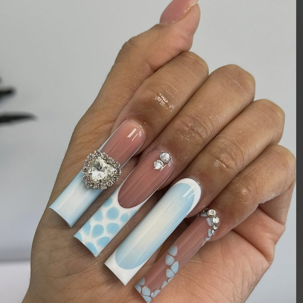 Ocean Breeze Long Square Press On Nail Set in Light Blue and Soft Pink with Rhinestone Accents