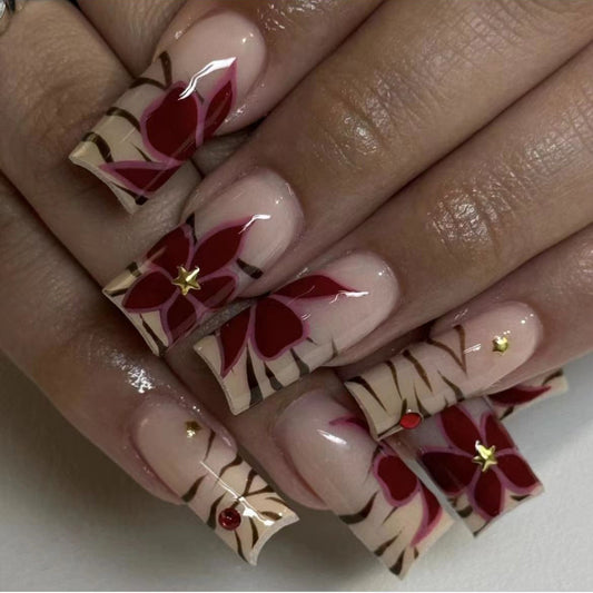 Floral Elegance Long Square Red and Beige Press On Nail Set with Gold Star Accents