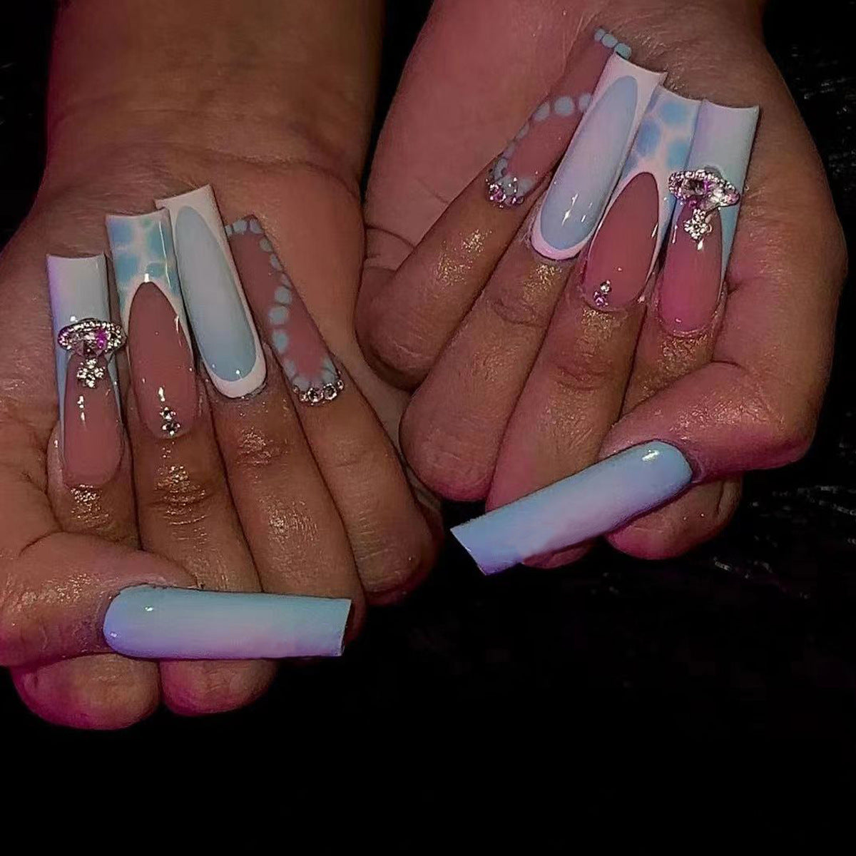 Ocean Breeze Long Square Blue Pink Press On Nail Set with Rhinestone Accent