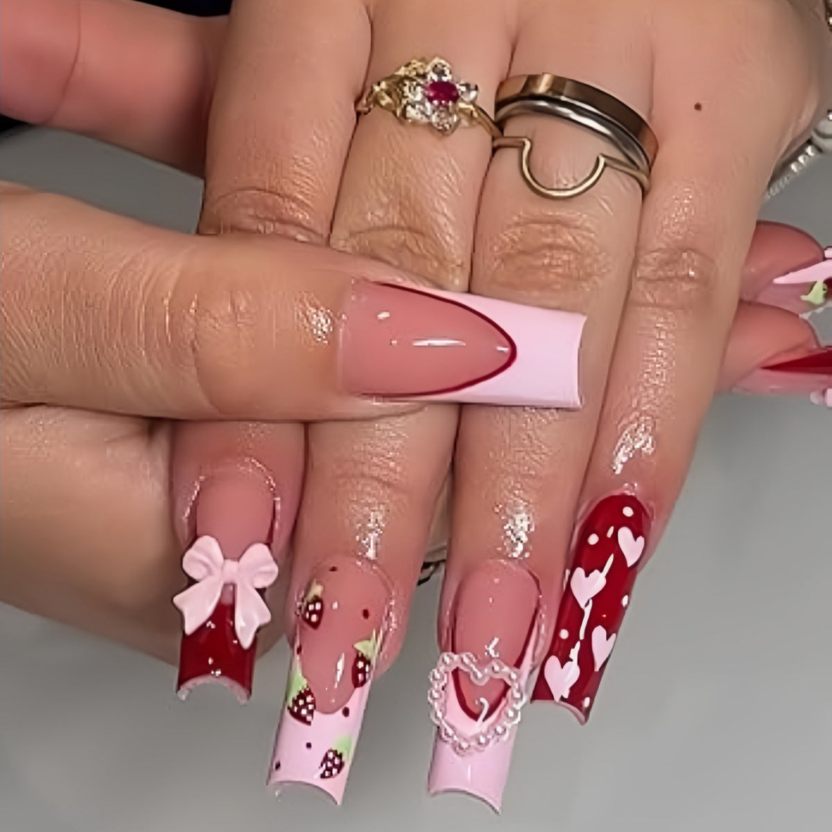 Charming Strawberry Delight Long Square Pink and Red Press On Nail Set with Adorable Bow and Heart Designs