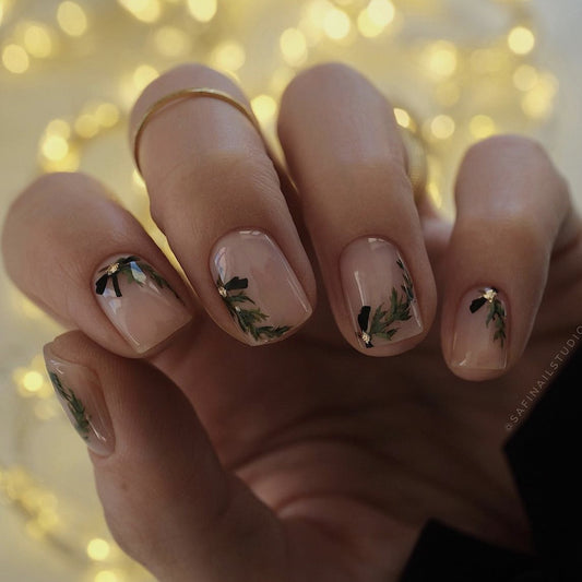 Botanical Elegance Short Square Beige Press On Nail Set with Floral Accents and Gold Details