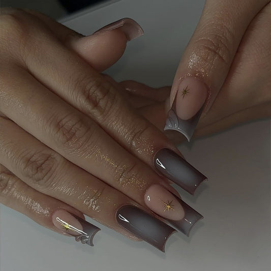 Celestial Dream Long Square Shaped Ombre Grey and Beige Press On Nail Set with Star Accent Design