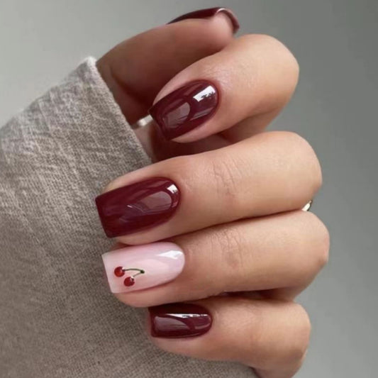 Cherry Blossom Glamour Medium Square Burgundy and Pink Press On Nail Set with Cute Cherry Design