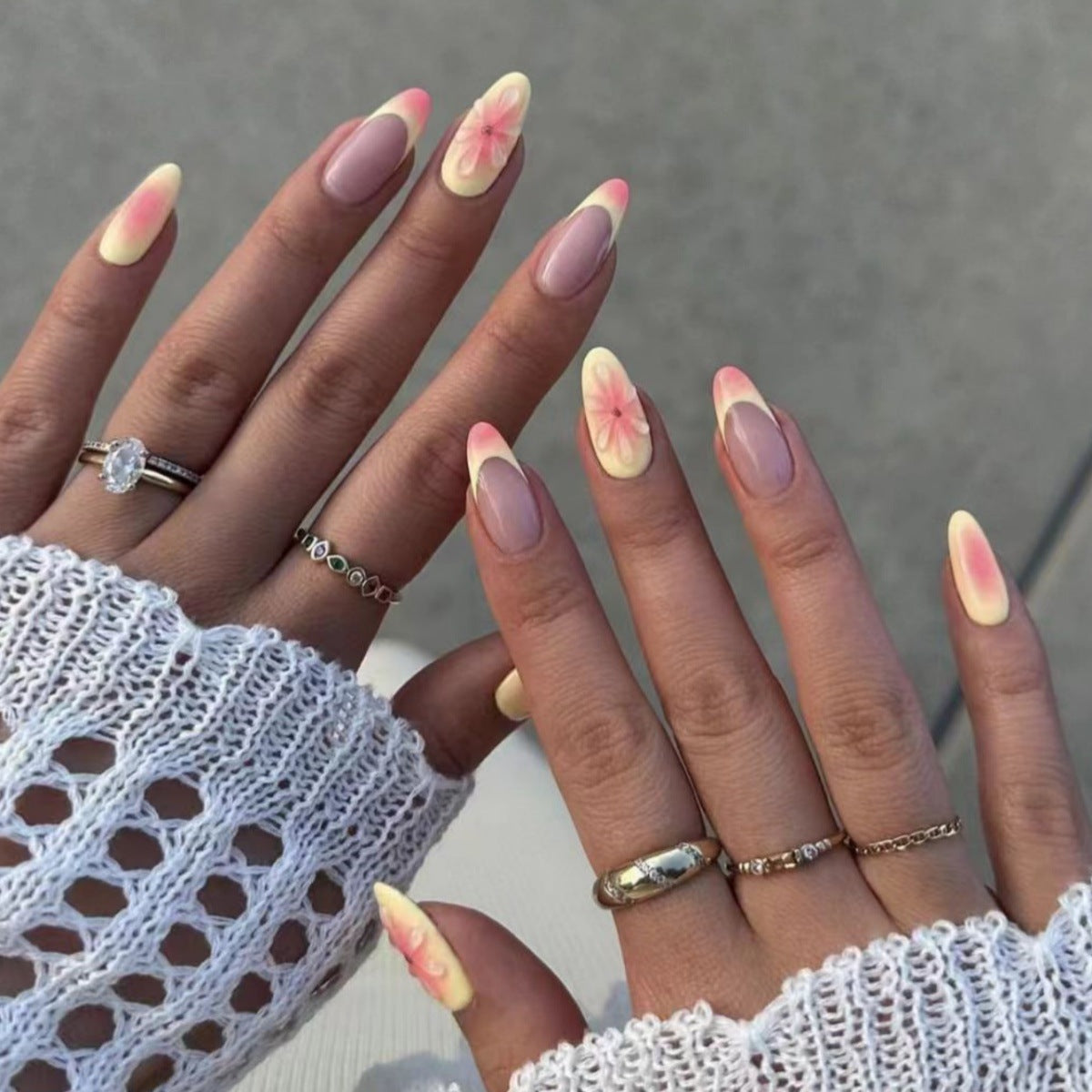 Floral Bliss Long Almond Yellow and Pink Press On Nail Set with Hand-Painted Flower Design