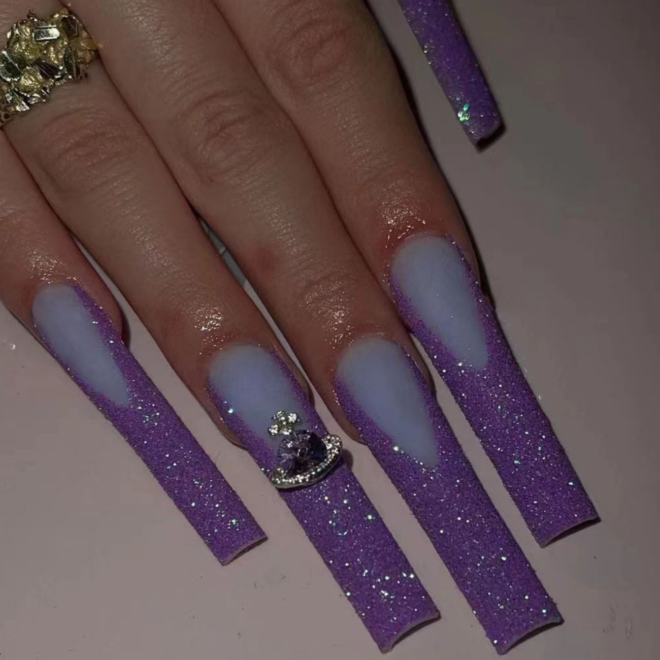 Royal Glamour Long Square Shaped Lilac Press On Nail Set with Rhinestone Accent