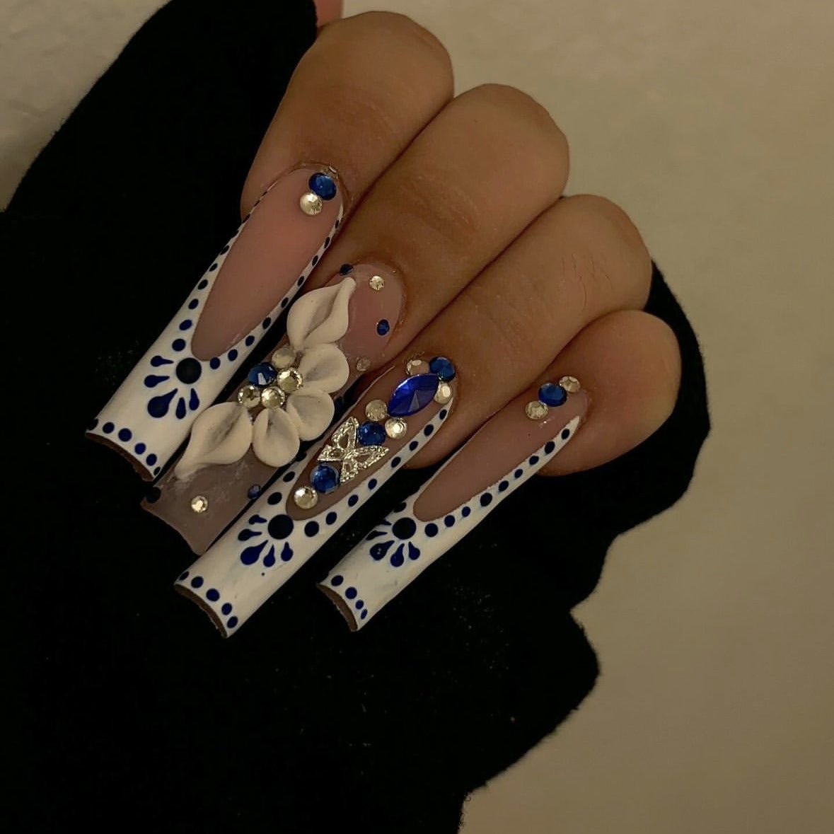 Royal Floral Elegance Extra Long Square White and Blue Press On Nail Set with 3D Flower and Gemstone Accents