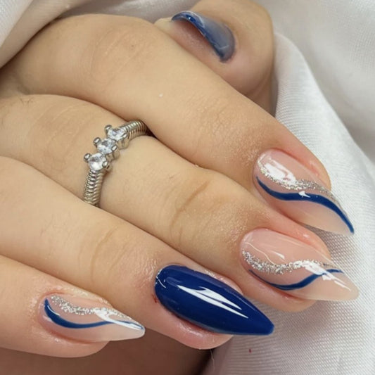 Nautical Chic Press On Nail Set Long Almond Shape Blue and Beige Color with Silver Glitter Wave Design