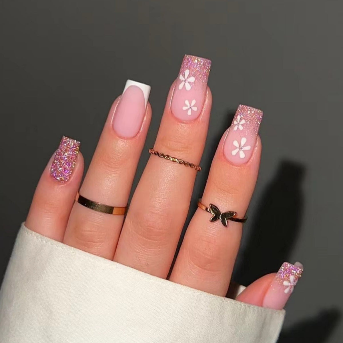 Floral Dream Long Square Pink Glitter Press On Nail Set with White Flower Accent