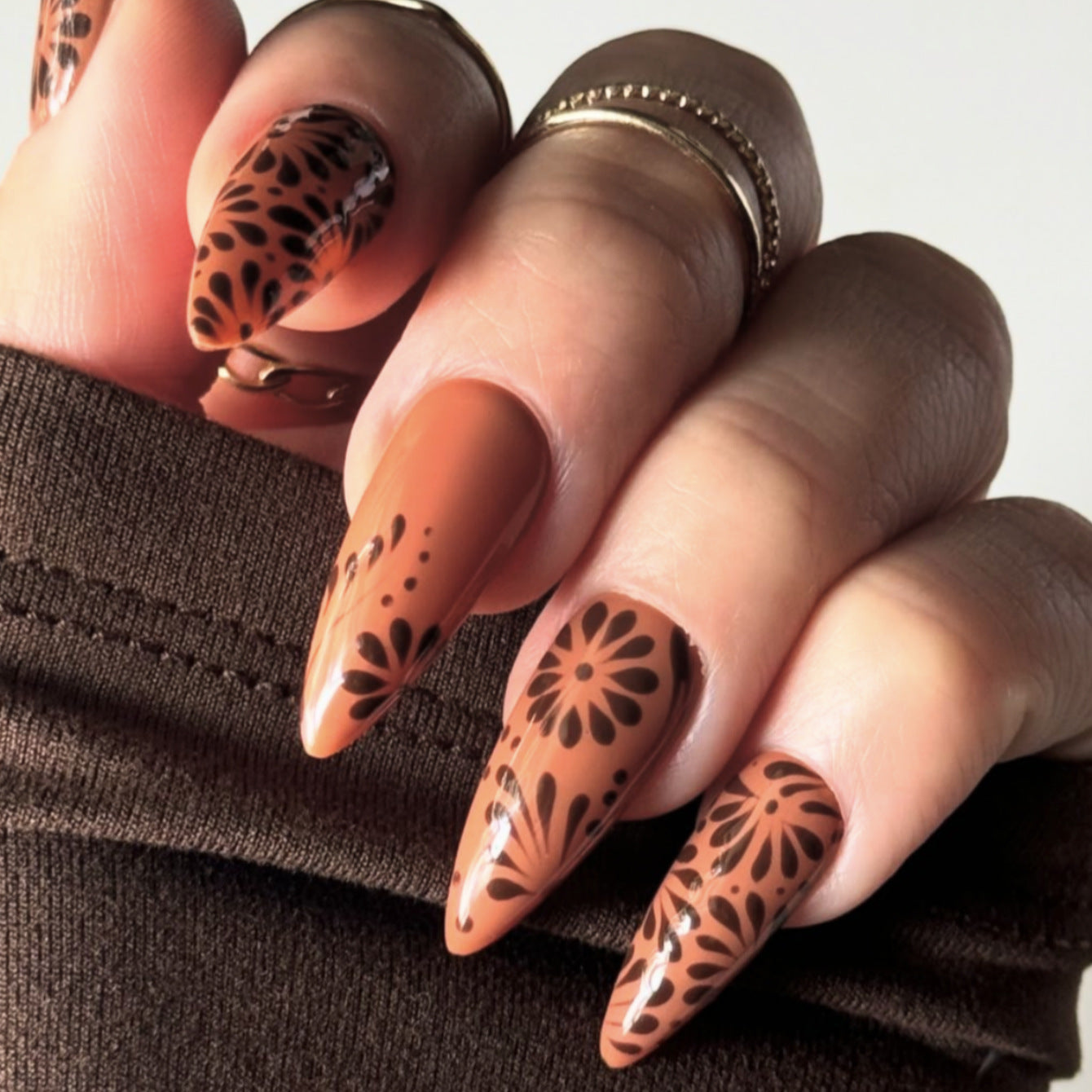 Bohemian Charm Almond Long Length Matte Brown Press On Nail Set with Floral Design