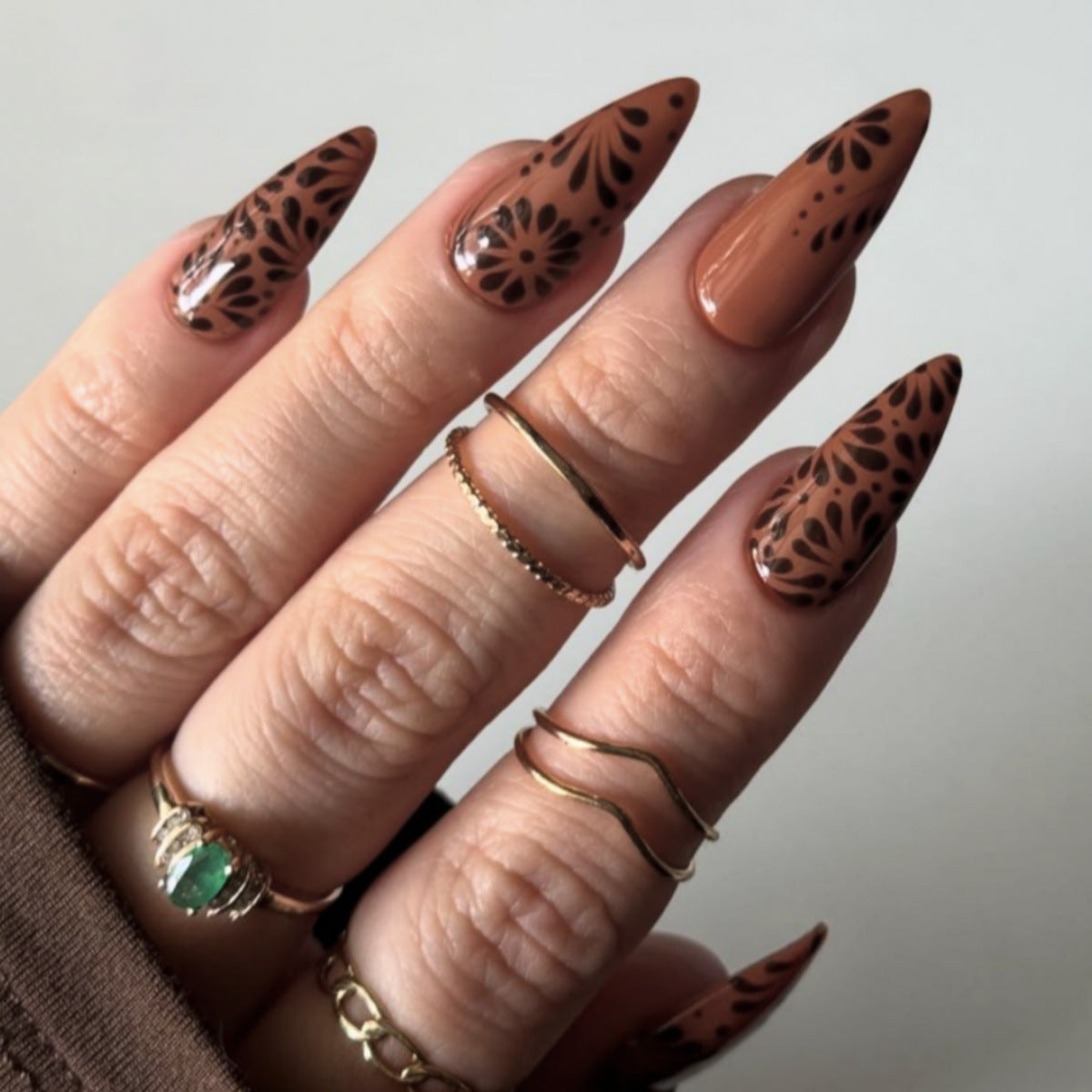 Boho Chic Almond Shaped Long Brown Floral Design Press On Nail Set