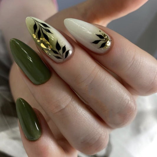 Chic Nature Inspired Pointed Almond Long Green and White Press On Nail Set with Leaf and Gold Foil Design