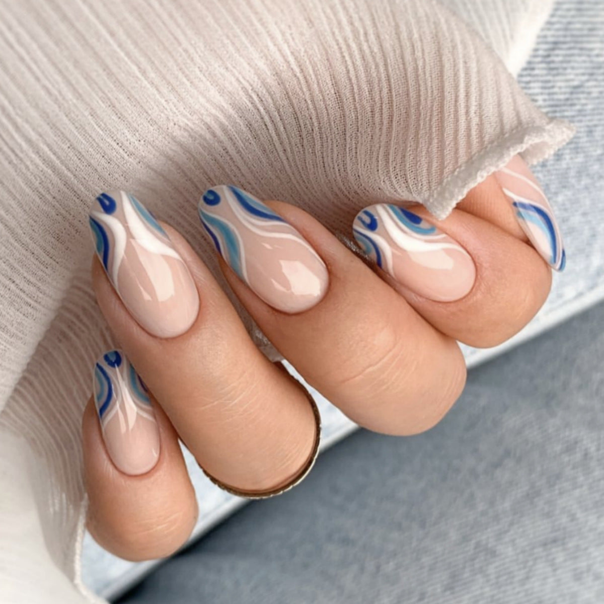 Ocean Breeze Long Almond Blue and Beige Press On Nail Set with Elegant Marble Design