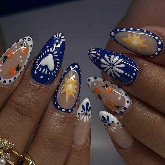 Sunshine Blossom Long Almond Press On Nail Set in Vibrant Blue and White with Floral and Sunburst Designs