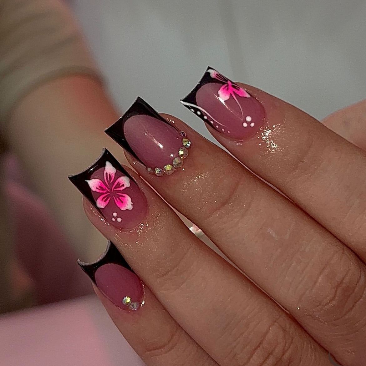 Tropical Bliss Long Square Pink Press On Nail Set with Floral Art and Gem Accents