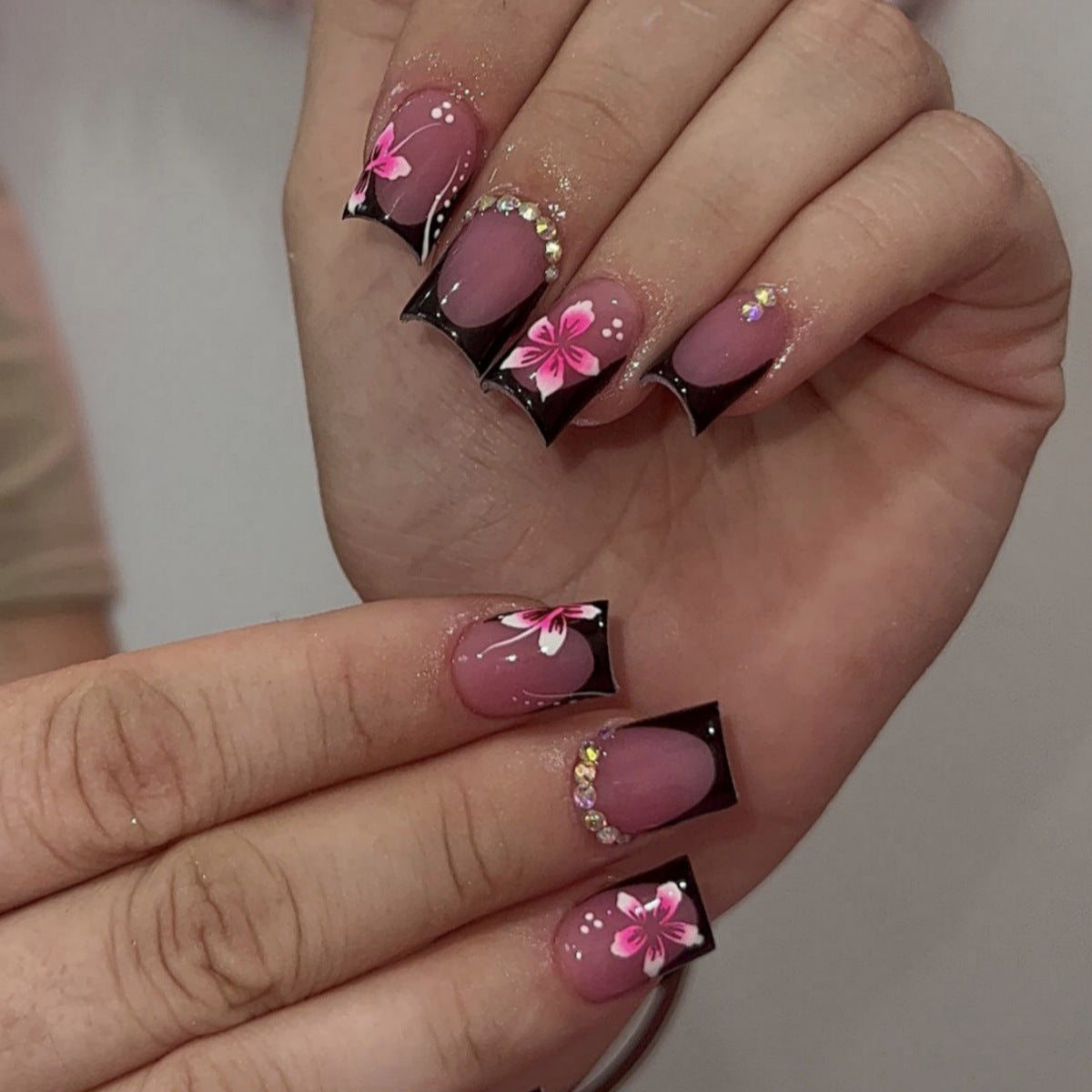 Tropical Bliss Long Square Pink Ombre Press On Nail Set with Floral Accent and Rhinestones