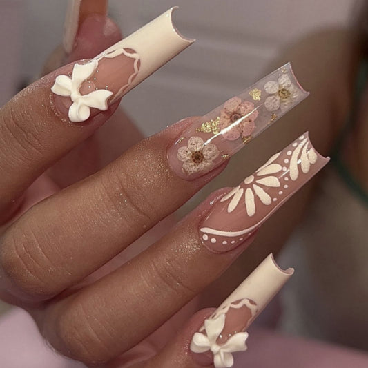 Floral Elegance Long Square Ivory Press On Nail Set with Charming 3D Flower Details