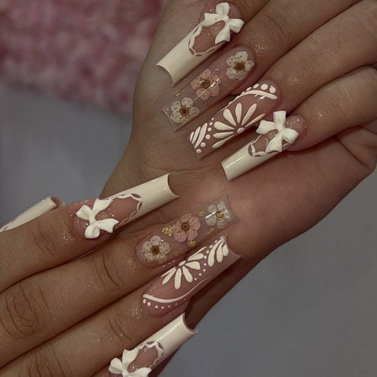 Charming Floral Elegance Long Square Off-White Press On Nail Set with 3D Bow and Flower Accents